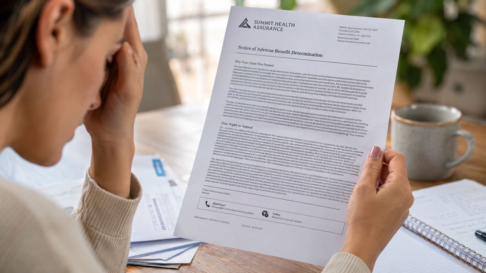 A distressed woman holding a Summit Health Assurance notice of adverse benefit determination document.