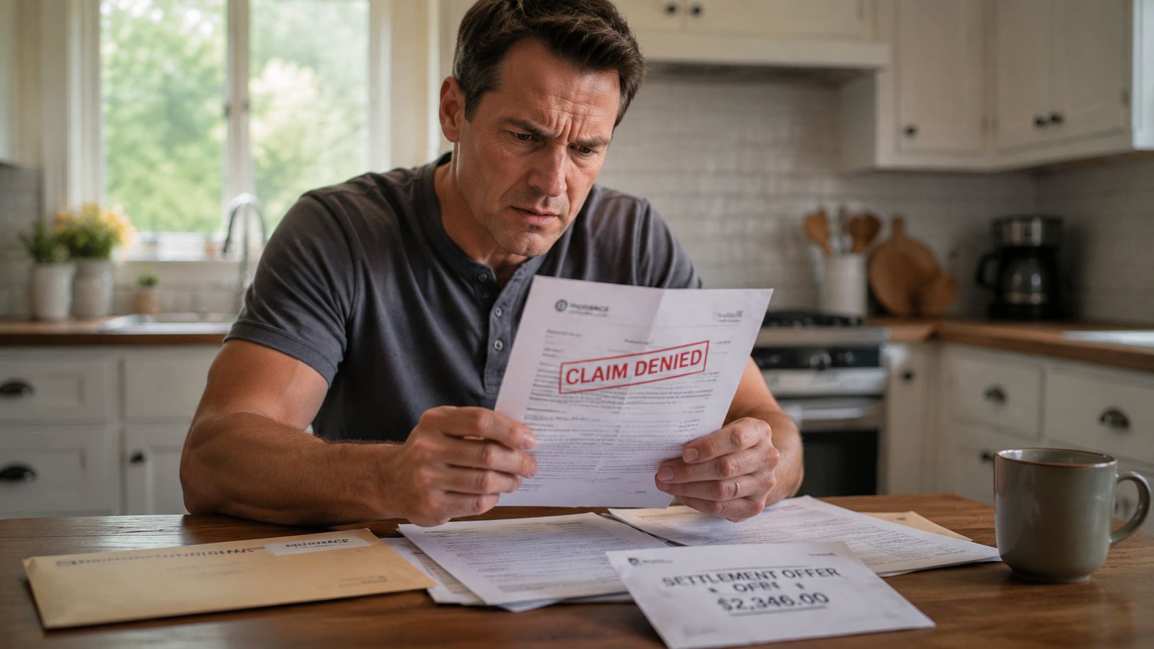A concerned man sitting at a kitchen table looking at a denied insurance claim document.