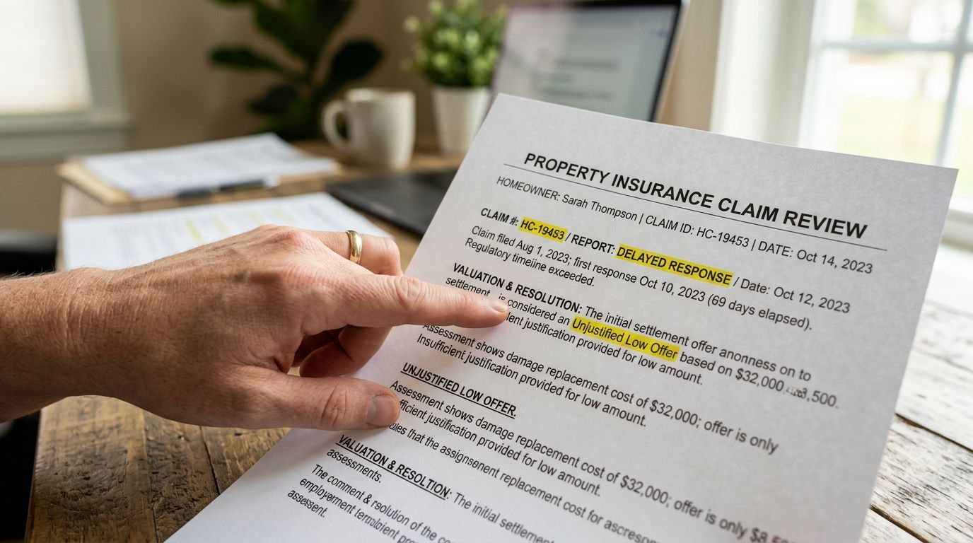 A hand pointing at a Property Insurance Claim Review document with highlighted sections on a wooden desk.