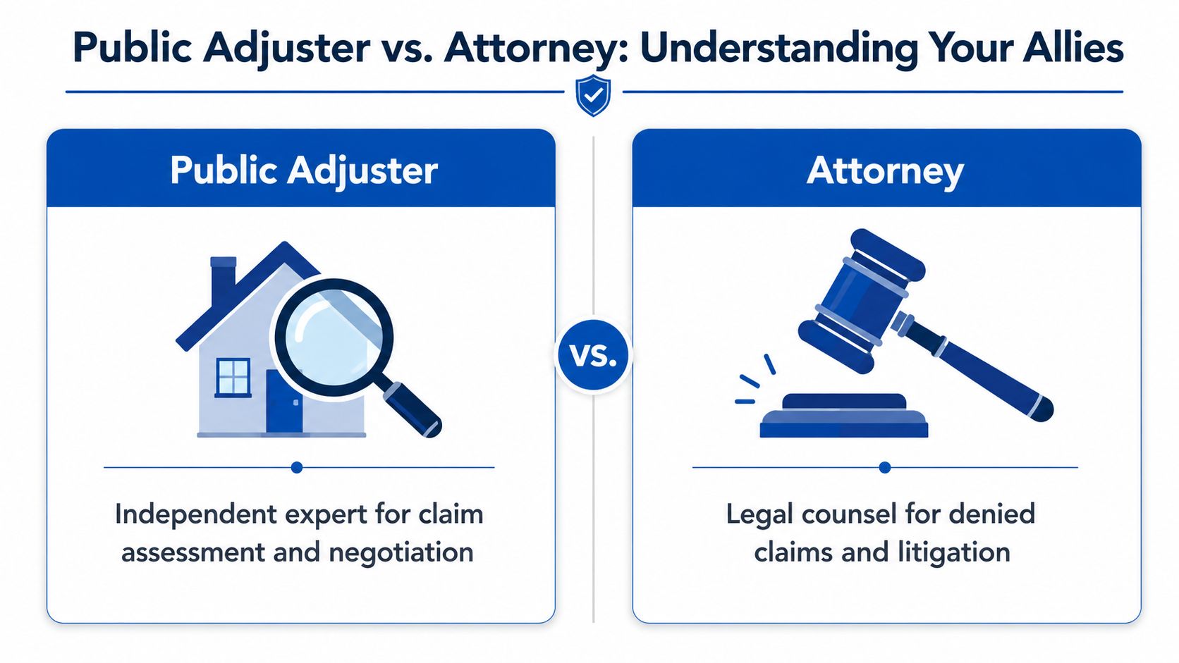 A comparison chart explaining the roles of a public adjuster and an attorney for insurance claims.