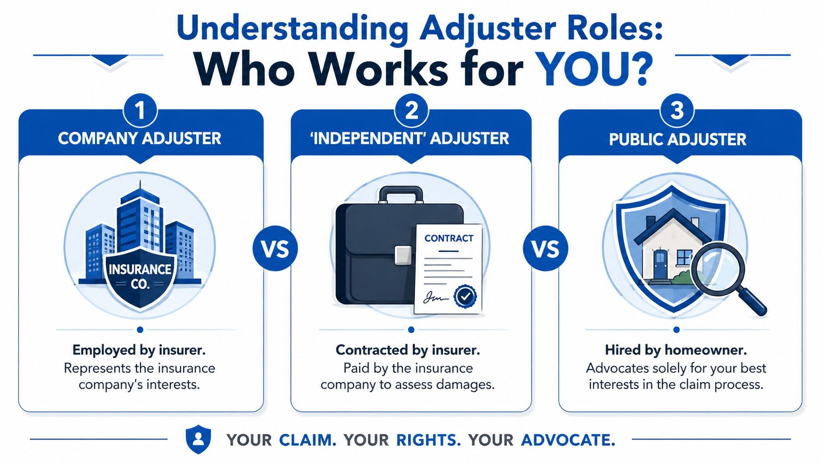 A comparison infographic showing the roles of company adjusters, independent adjusters, and public adjusters in insurance.
