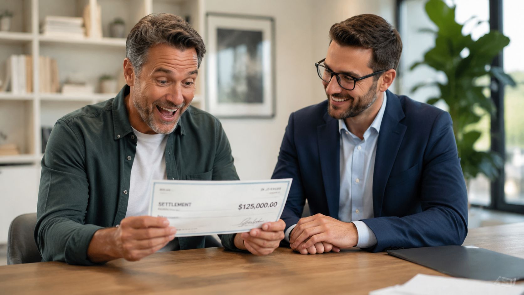 A happy client celebrates receiving a large settlement check presented by his professional insurance claims adjuster.