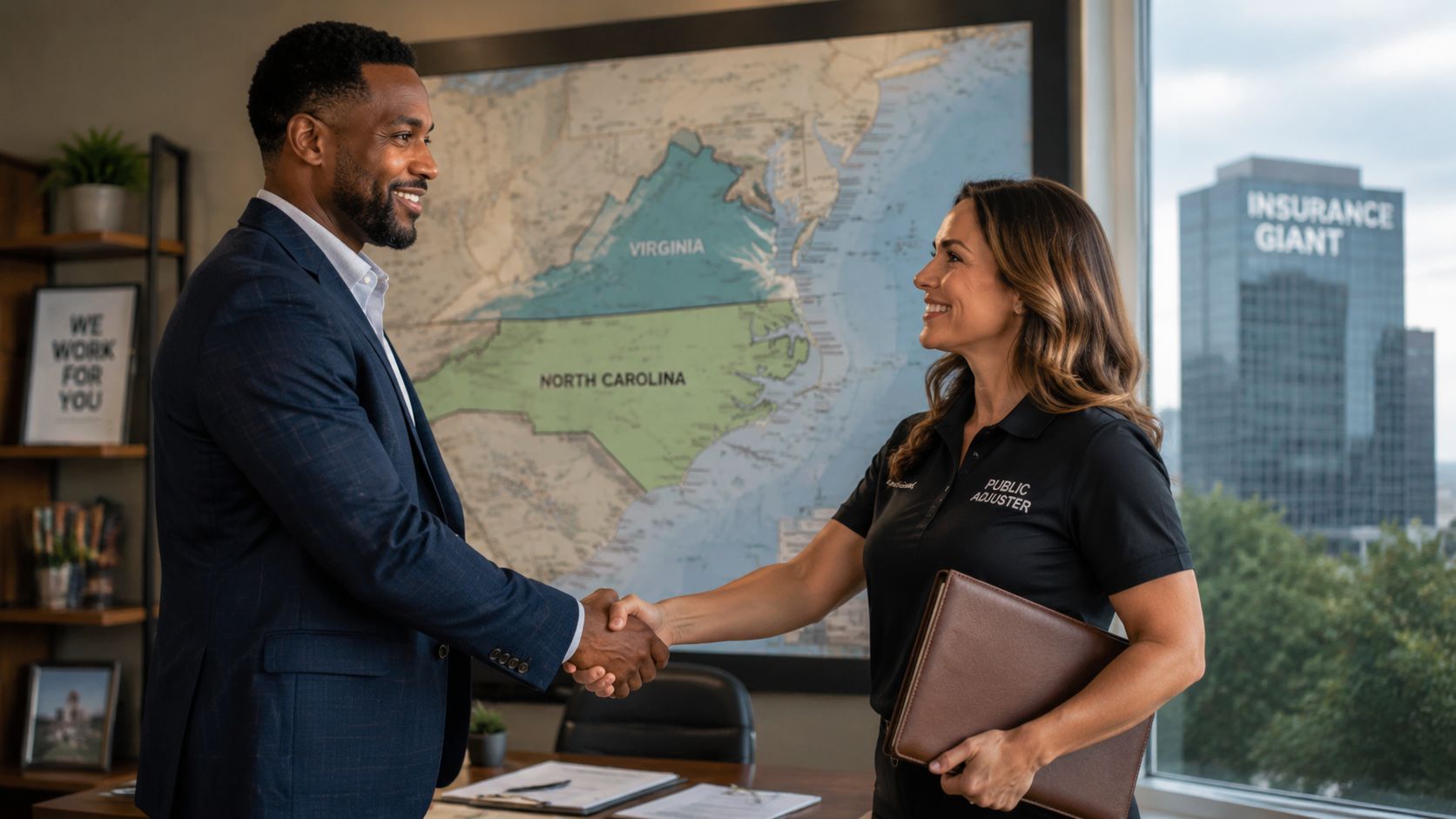 A professional man and a public adjuster shaking hands in an office with a map backdrop.