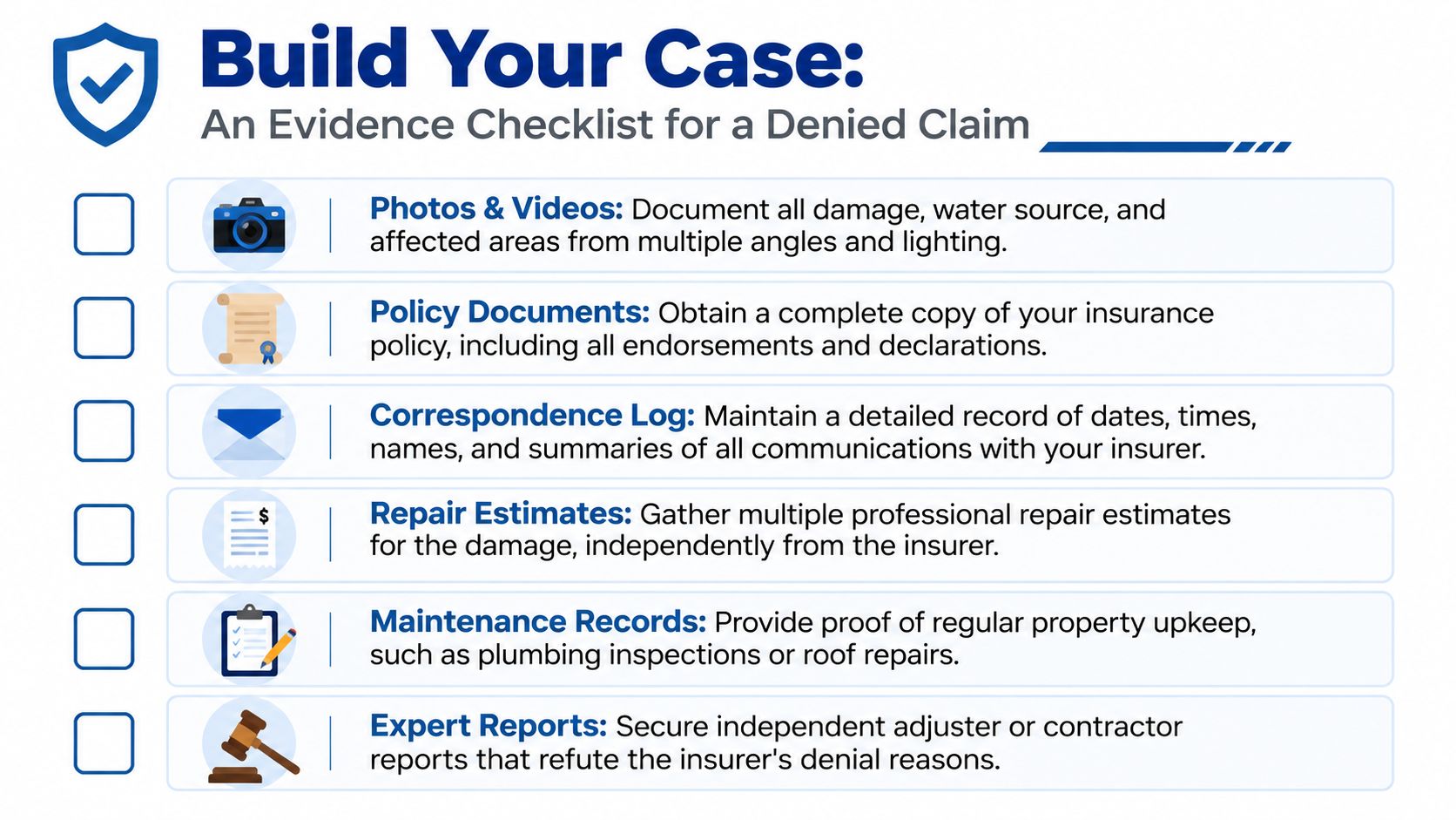 A checklist titled Build Your Case for a denied insurance claim, listing six essential evidence documents.