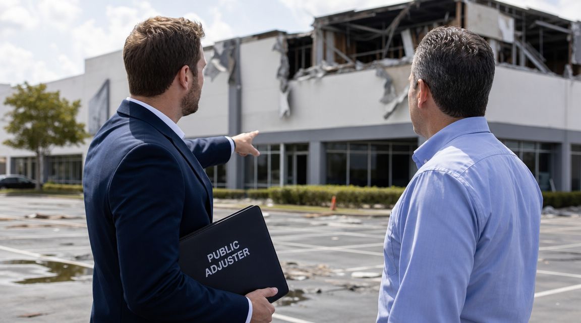 A public insurance adjuster points toward a damaged commercial building while consulting with a property owner.