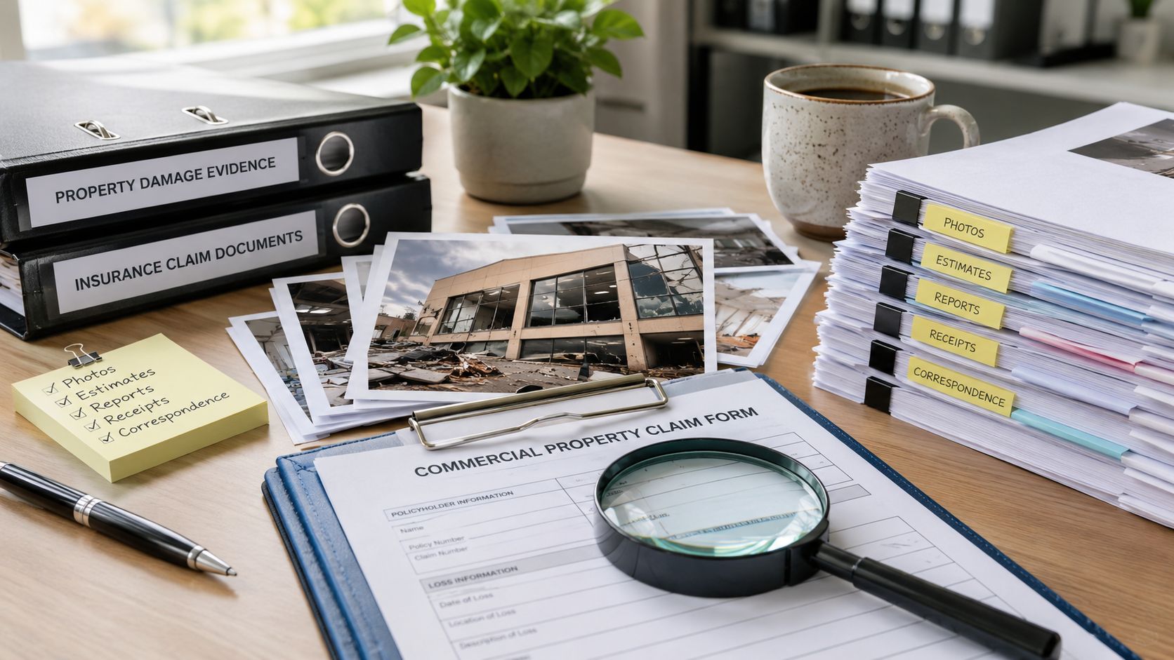 A professional desk featuring a commercial property claim form, damage evidence photos, organized folders, and insurance documents.