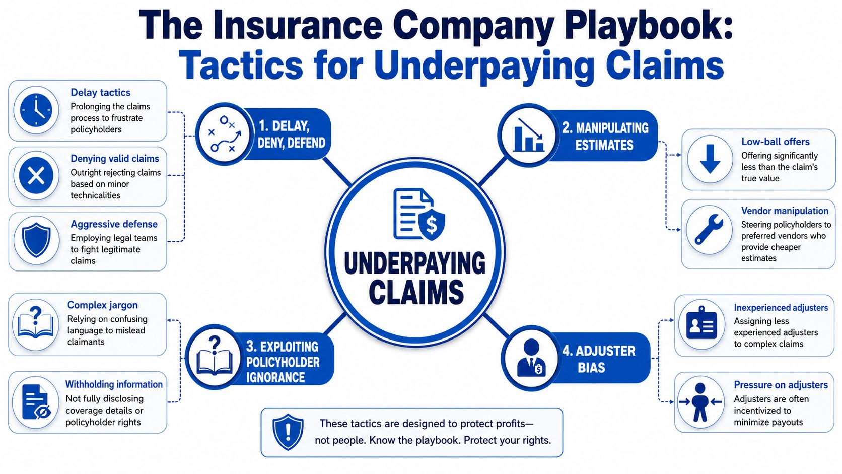 An infographic detailing common insurance company tactics used to underpay and delay legitimate policyholder claims.