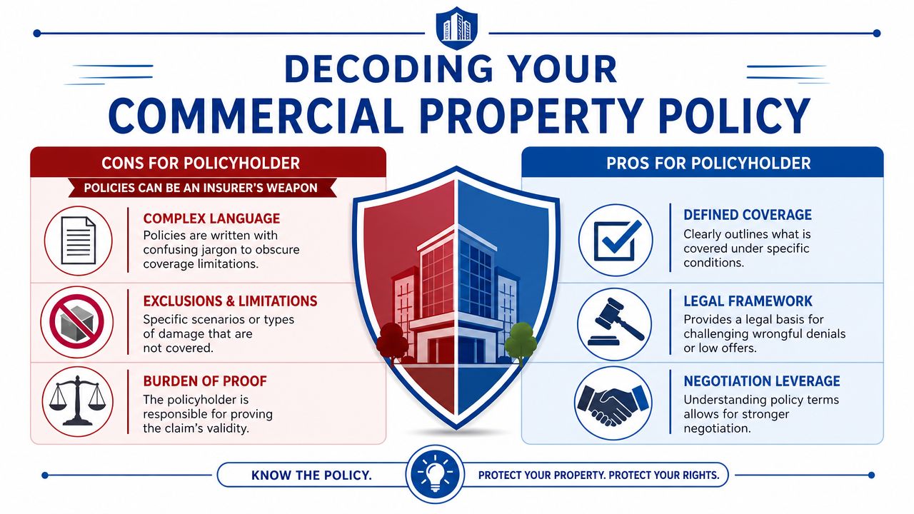 An infographic titled Decoding Your Commercial Property Policy, highlighting the pros and cons for policyholders.