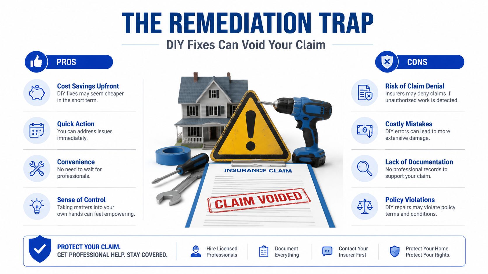 An infographic warning that DIY home repairs can void insurance claims and lead to major financial losses.