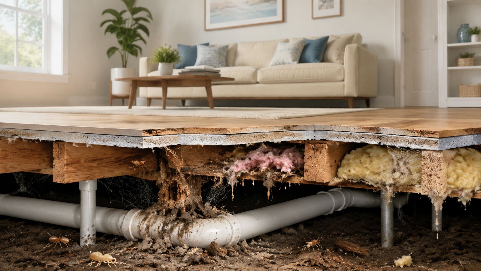 A cross-section view showing termite damage and wood rot under a house with plumbing in the crawl space.