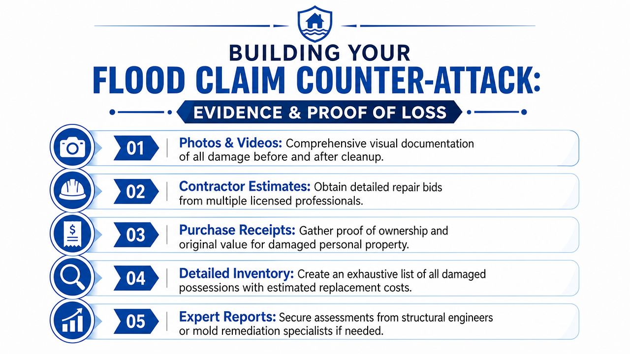 An infographic outlining five essential steps to document property damage for a success to dispute a Low Insurance Offer for Flood Damage