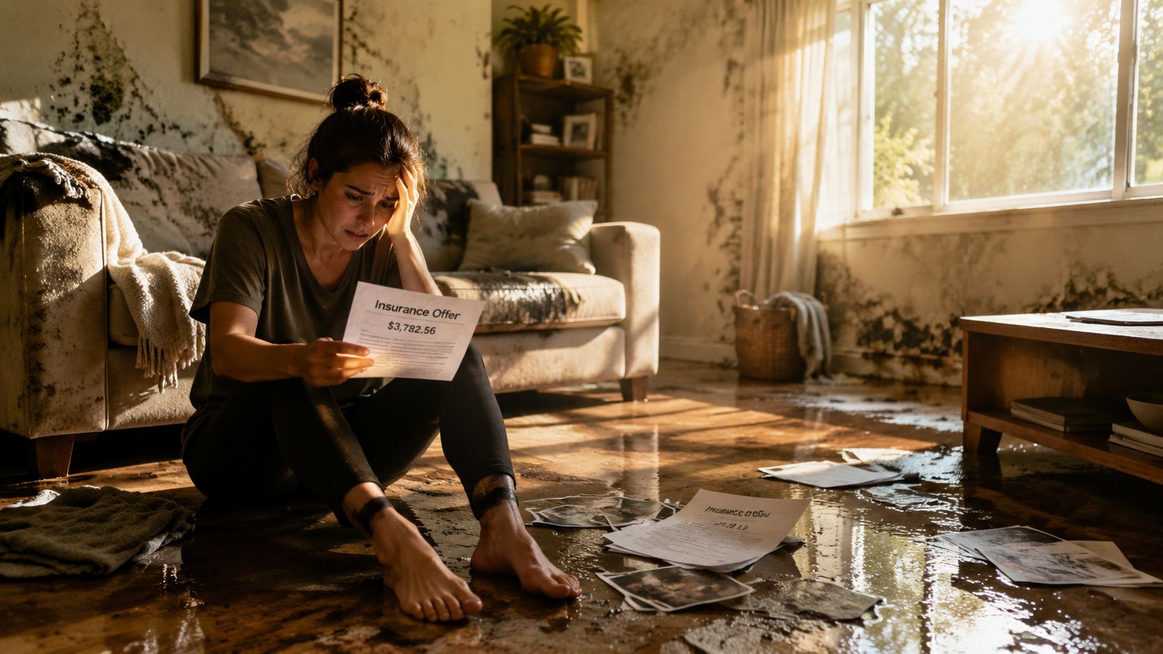 A distressed woman sits on the flooded floor of her damaged home holding an insurance offer document.