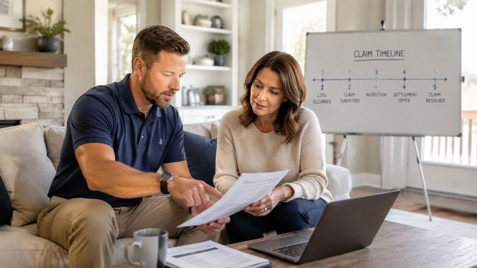 An insurance professional explains documentation to a client in a living room with a claim timeline board.