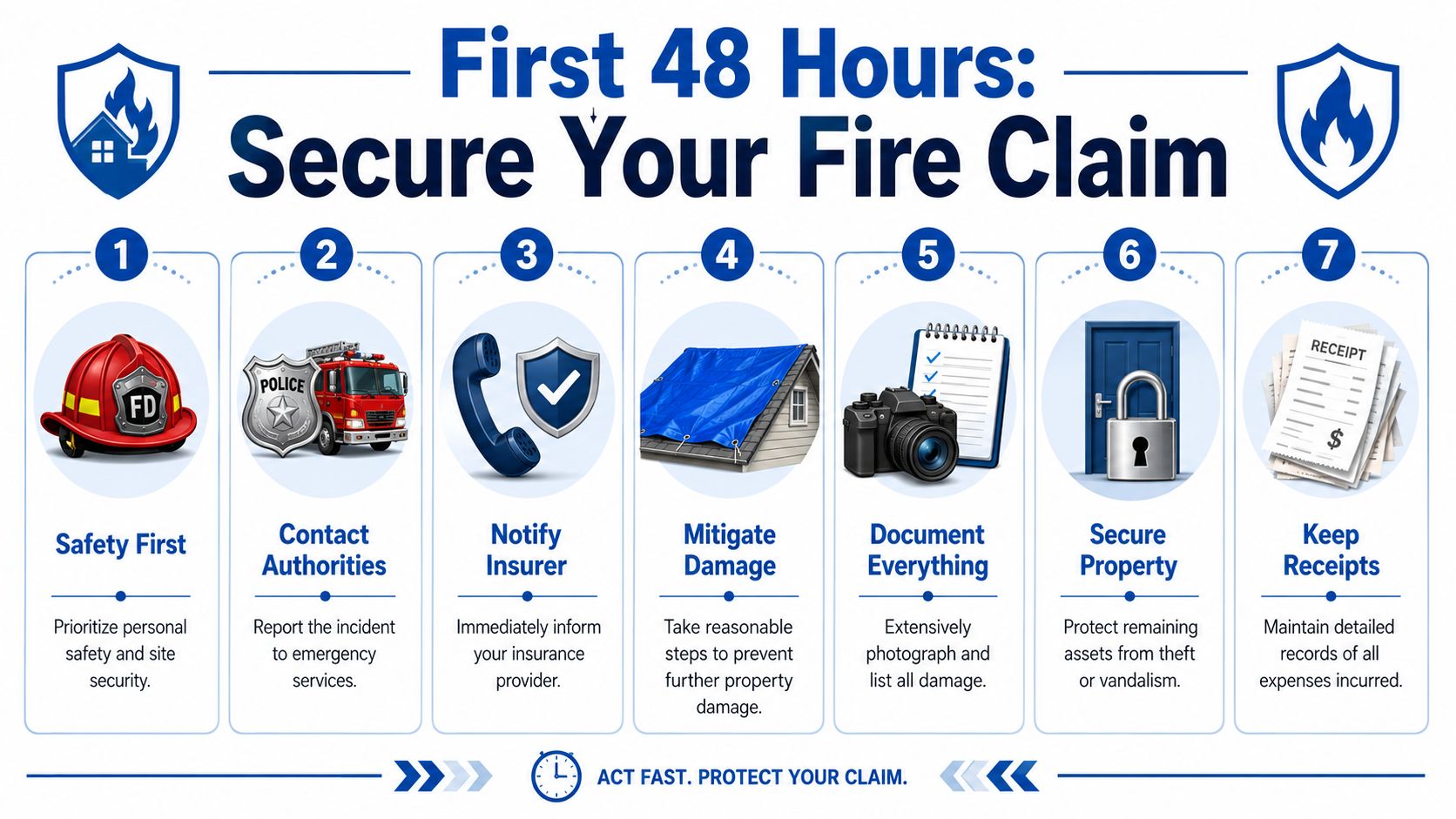 An infographic detailing seven essential steps to take within 48 hours to secure a fire insurance claim.