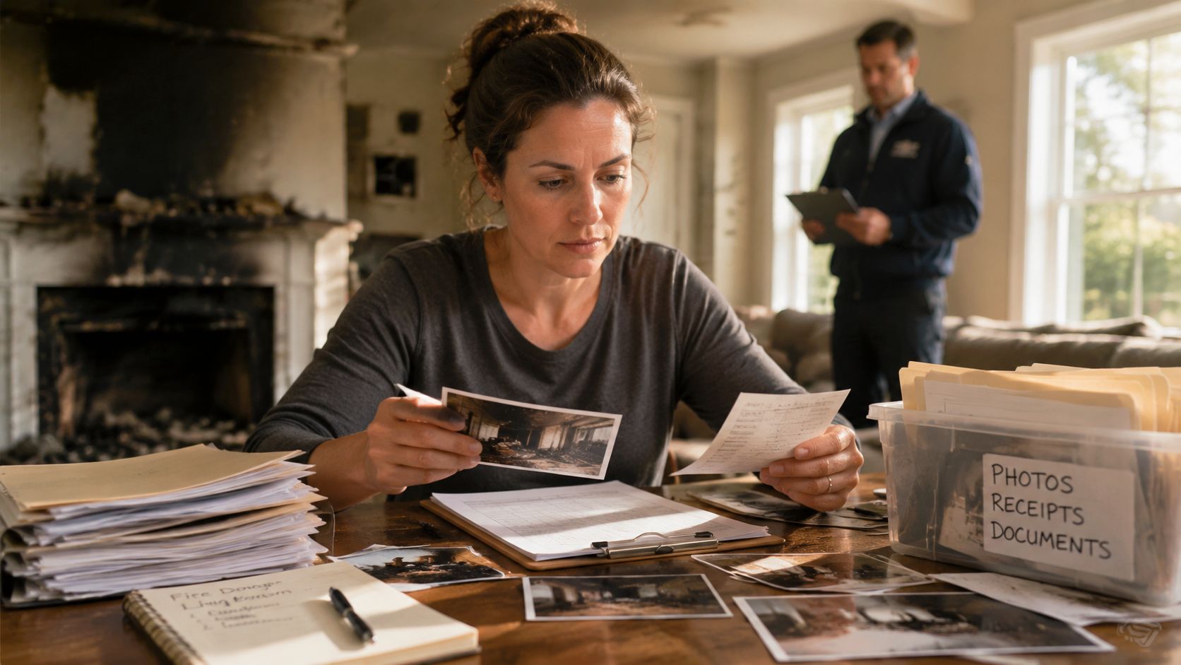 A woman reviewing documents and photographs of fire damage at a table with an insurance adjuster.