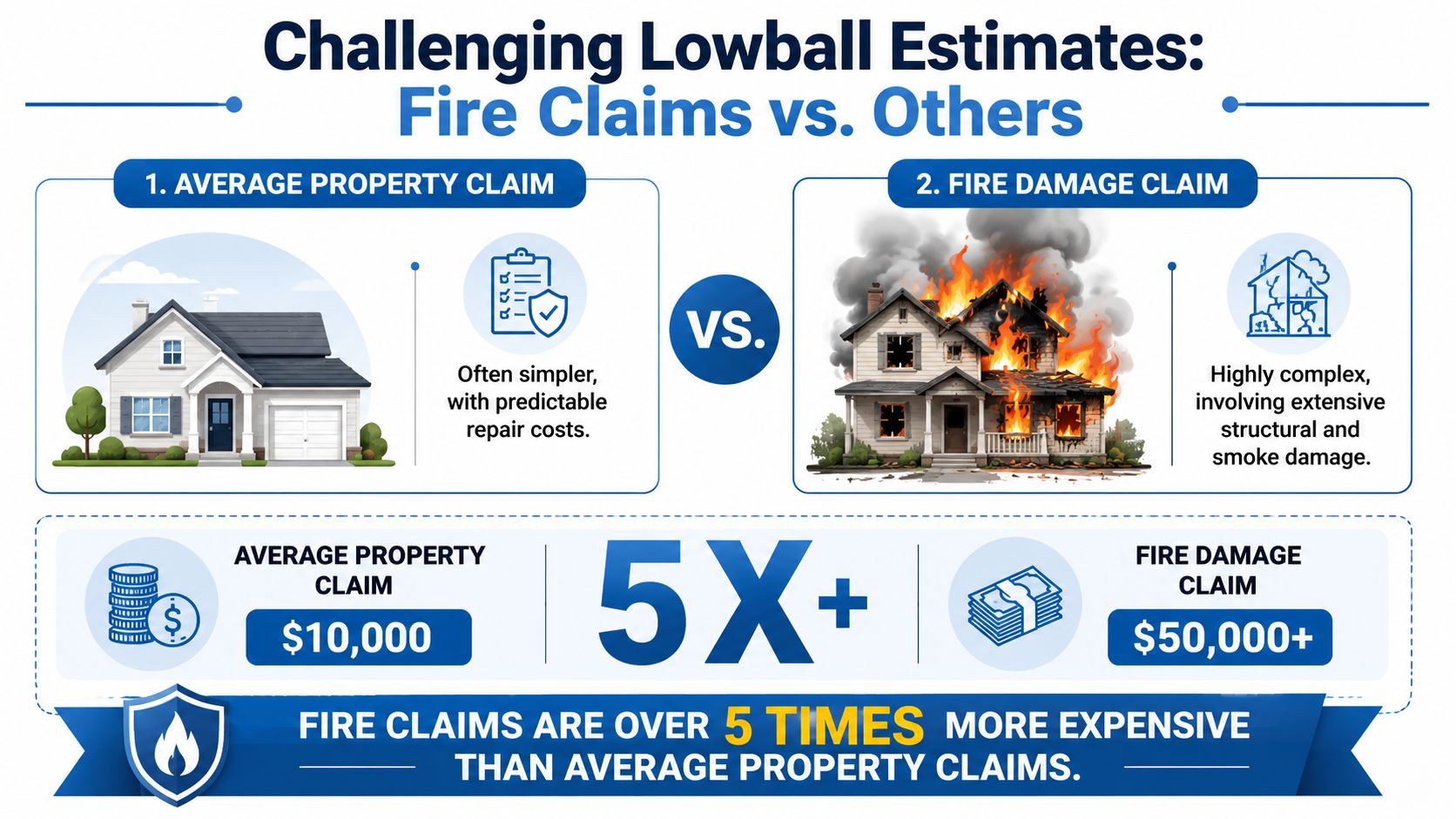 An infographic comparing the complexity and costs of average property claims versus fire damage claims.