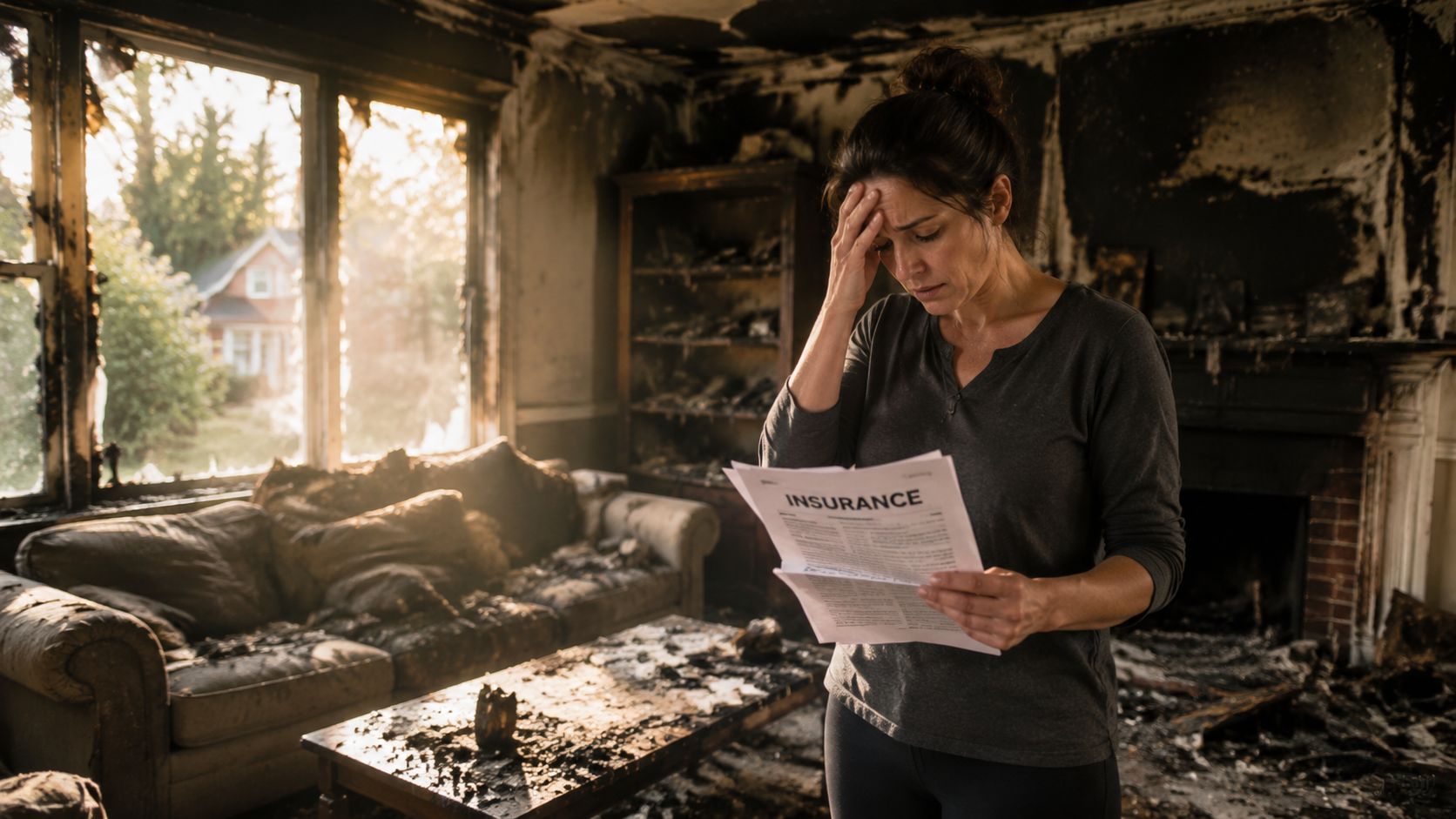 A distraught woman looking at insurance papers inside a living room severely damaged by a house fire.