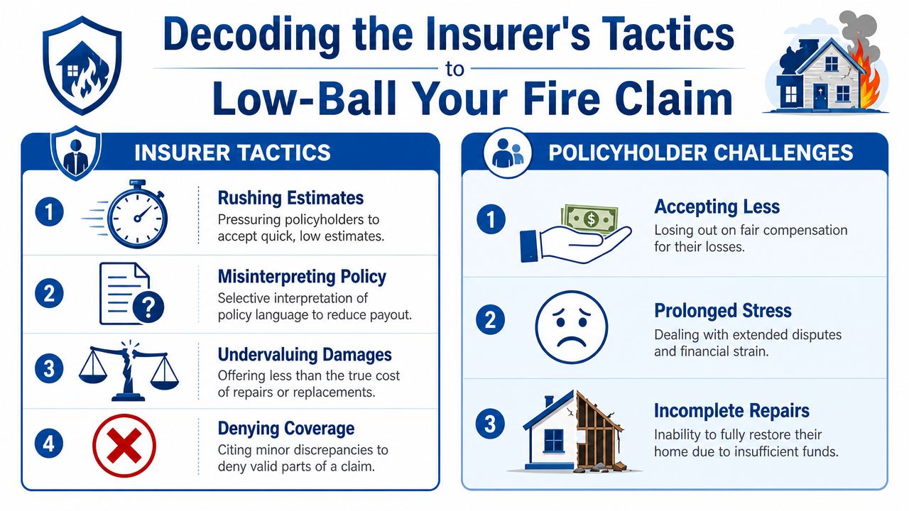 An infographic detailing common insurance company tactics used to low-ball fire damage insurance claims and their impact.