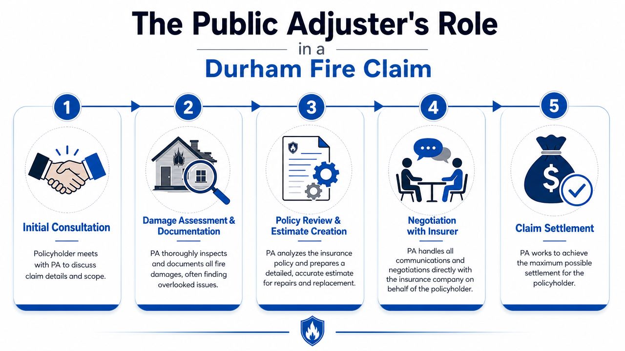 A five-step infographic showing how a public adjuster helps policyholders manage a Durham fire claim.