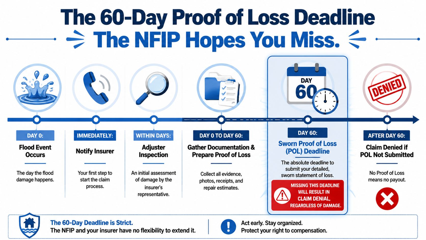 A timeline graphic explaining the strict 60-day deadline for submitting a flood insurance proof of loss claim.