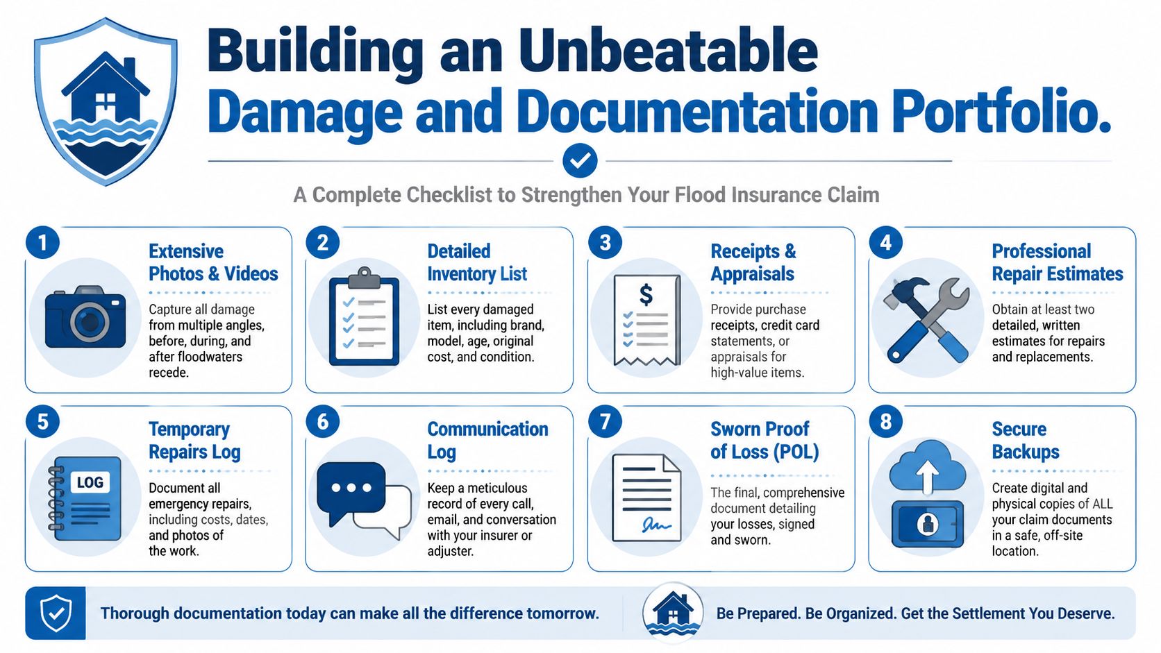 A checklist infographic titled Building an Unbeatable Damage and Documentation Portfolio for flood insurance claims.