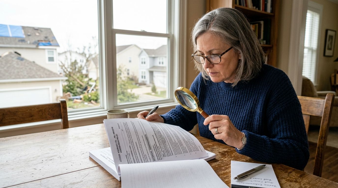 A woman reviewing her homeowners insurance policy documents using a magnifying glass at a wooden table.