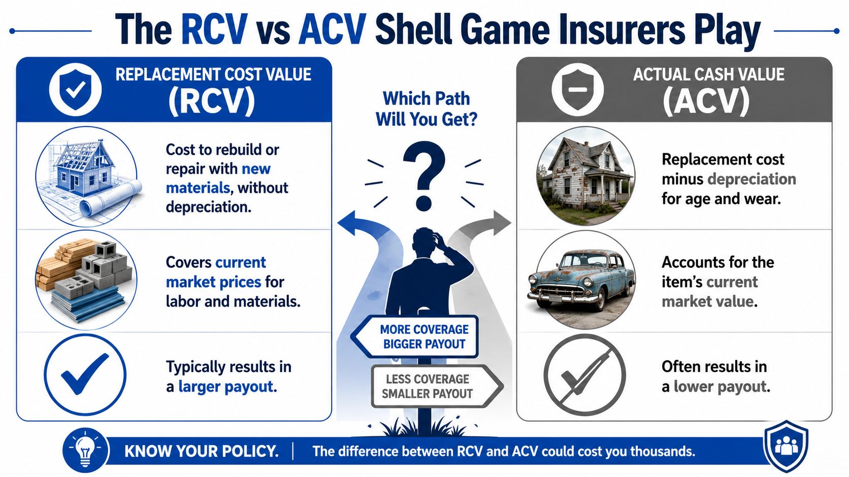 A comparative infographic explaining the difference between Replacement Cost Value and Actual Cash Value insurance policies.