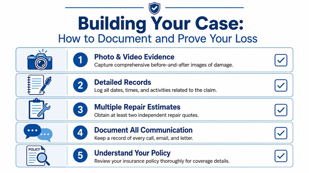 A checklist infographic titled Building Your Case explaining five essential steps to document insurance loss claims.