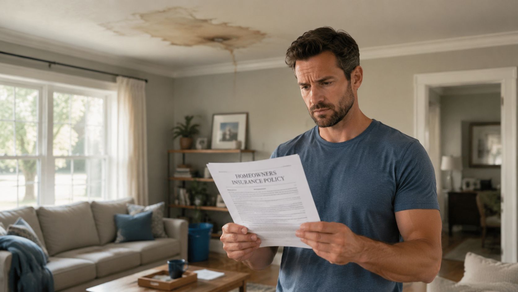 A concerned man examines his homeowners insurance policy while standing under a water-damaged ceiling in his living room.