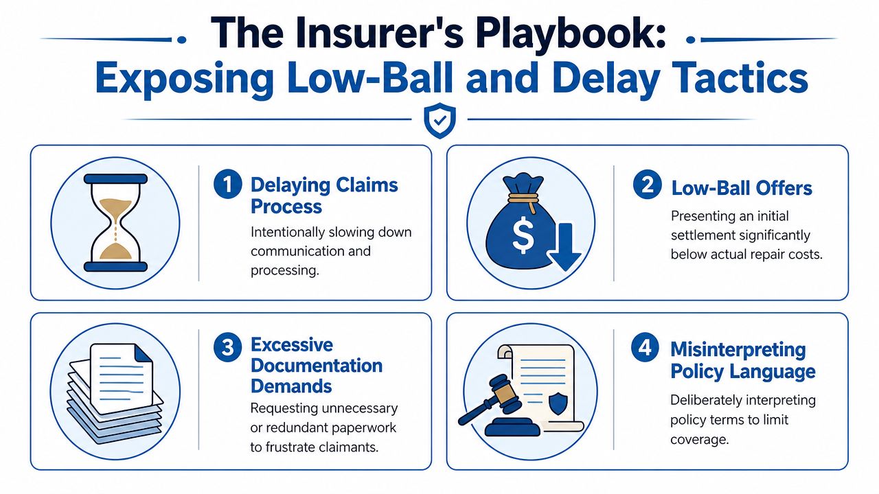An infographic titled The Insurer's Playbook outlining four common tactics used by insurance companies to deny or minimize claims.