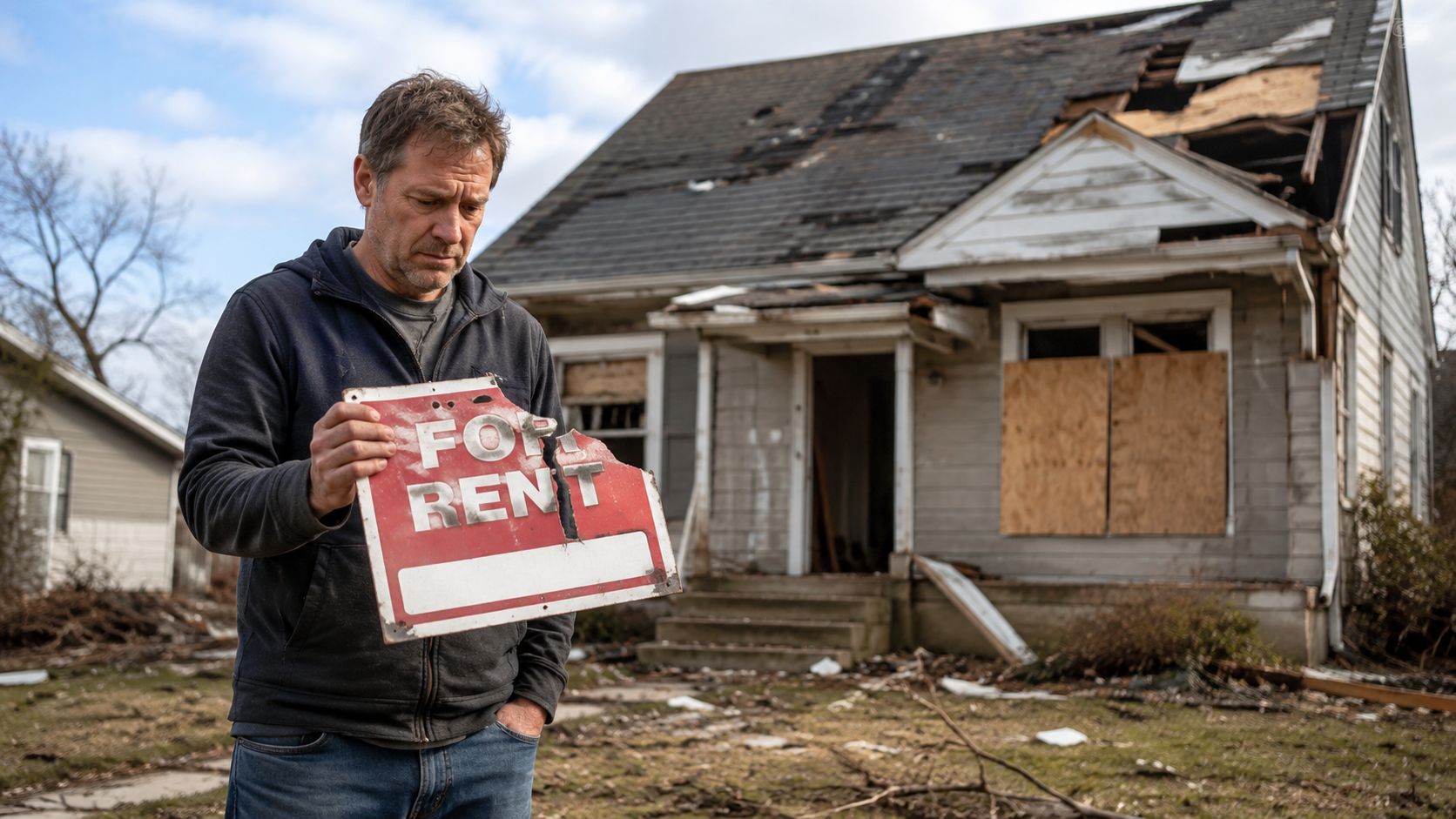 A man holding a damaged For Rent sign in front of a ruined, storm-damaged house.