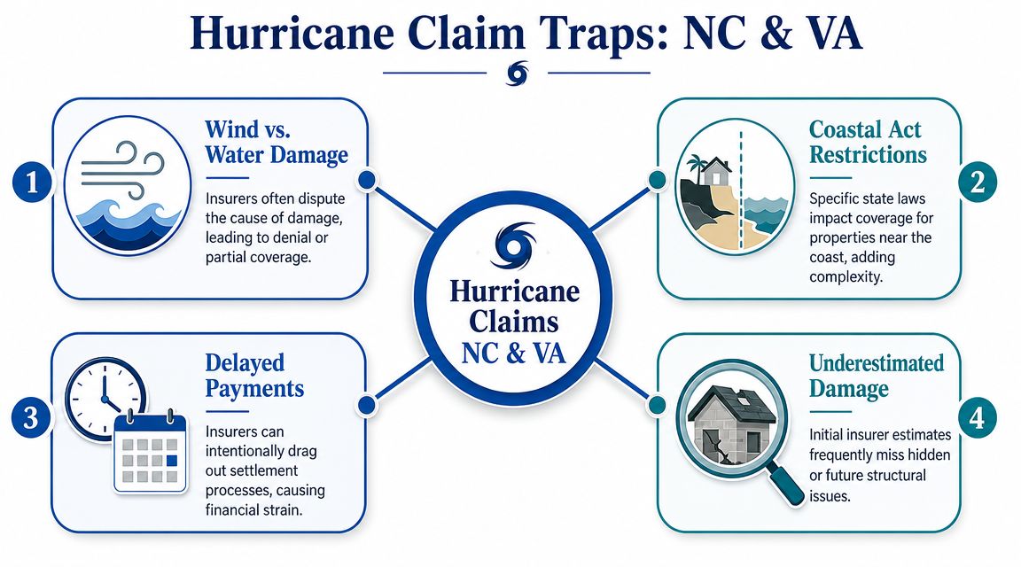 An infographic detailing four common insurance claim traps for hurricane damage in North Carolina and Virginia.