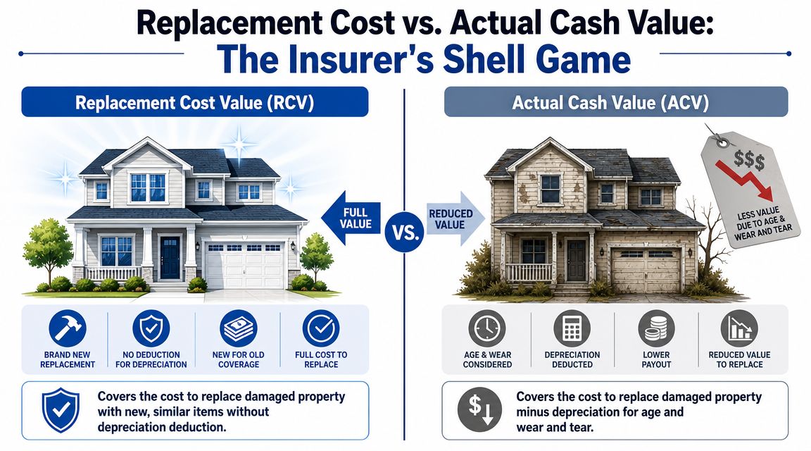 An infographic comparing Replacement Cost Value and Actual Cash Value for insurance property claims.