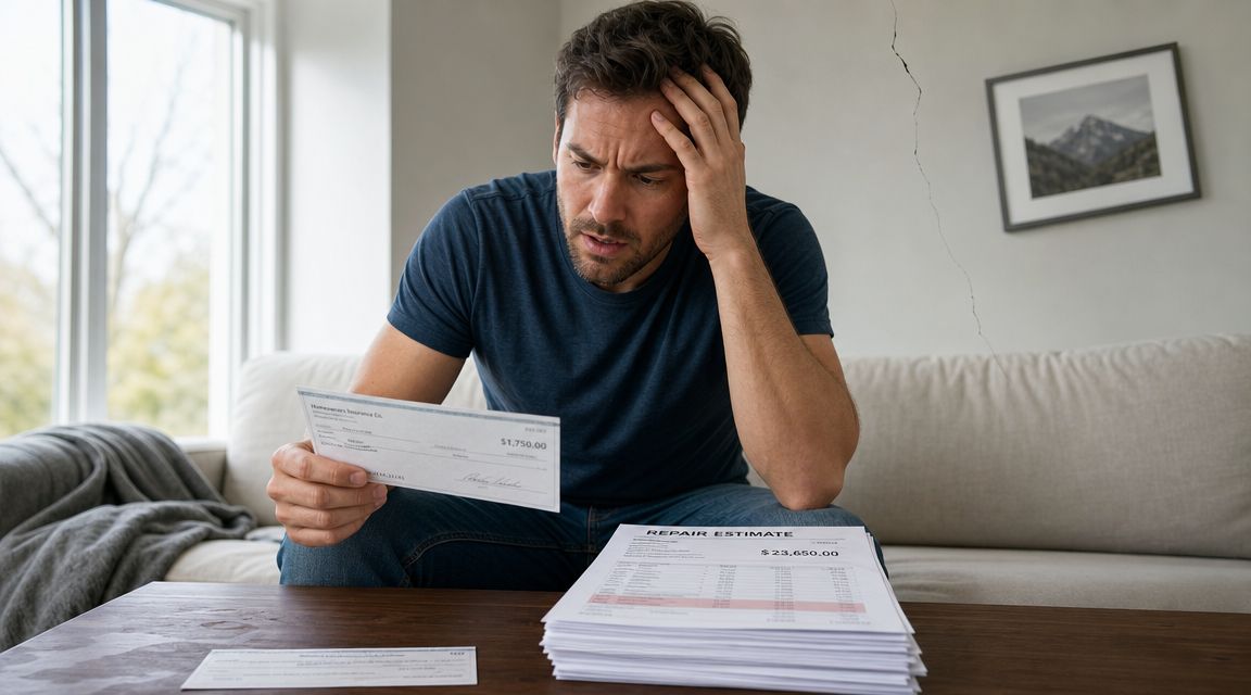 A distressed man sits on a couch looking at a small insurance check against a high repair estimate.