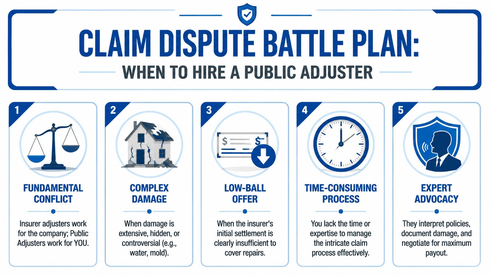 An infographic titled Claim Dispute Battle Plan detailing five reasons for homeowners to hire a public adjuster.