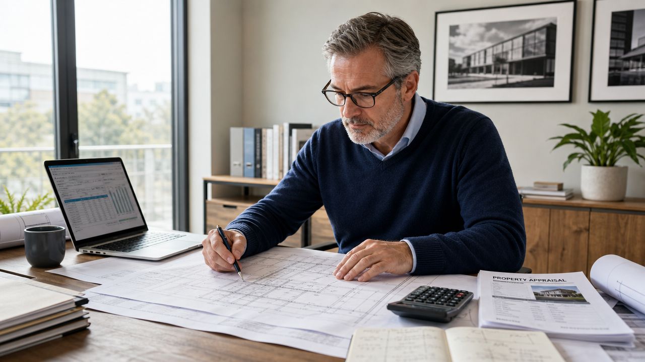 A professional architect with glasses analyzing detailed building floor plans at a wooden office desk.