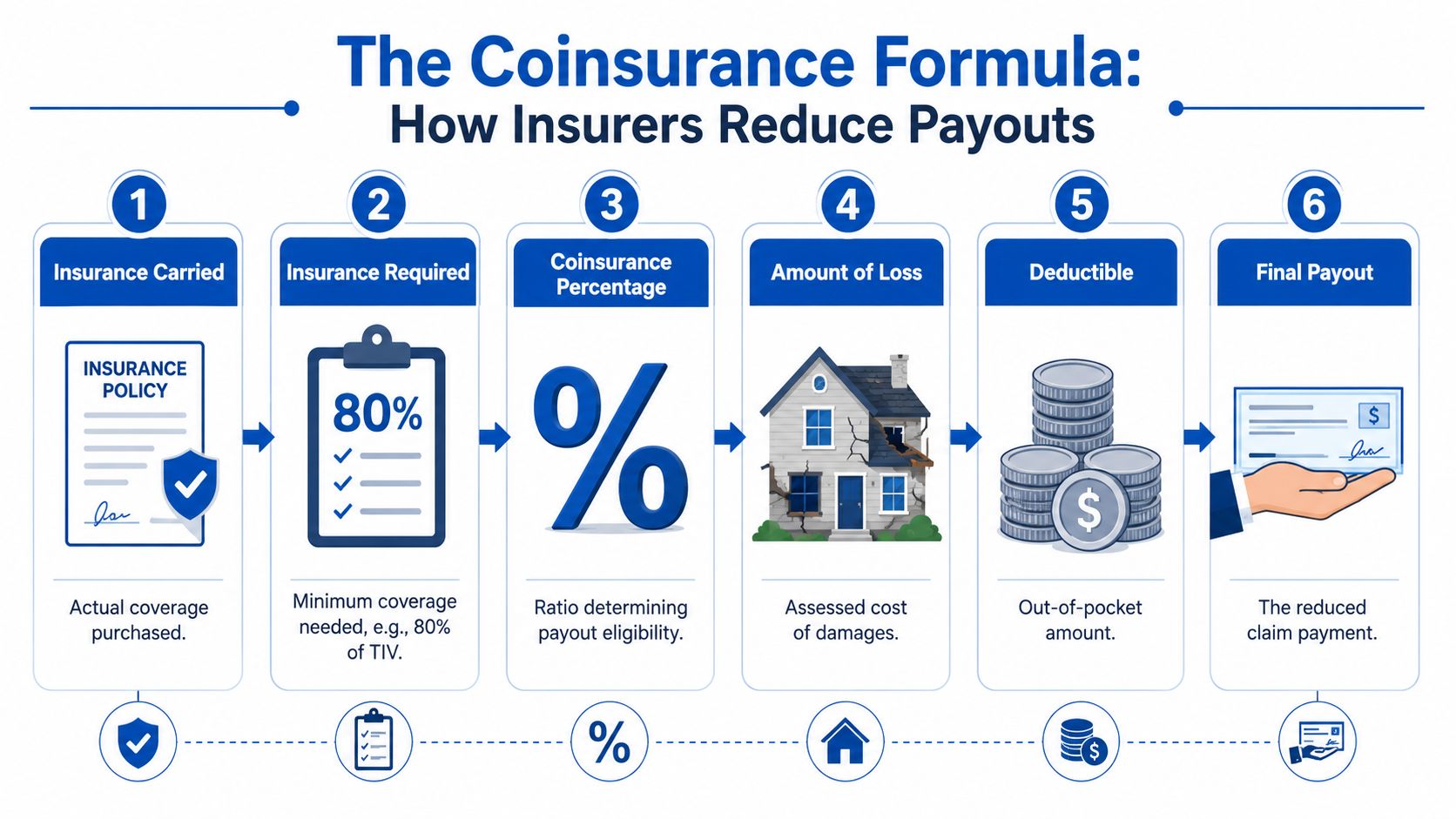 An infographic titled The Coinsurance Formula explaining the six steps insurers use to reduce claim payouts.