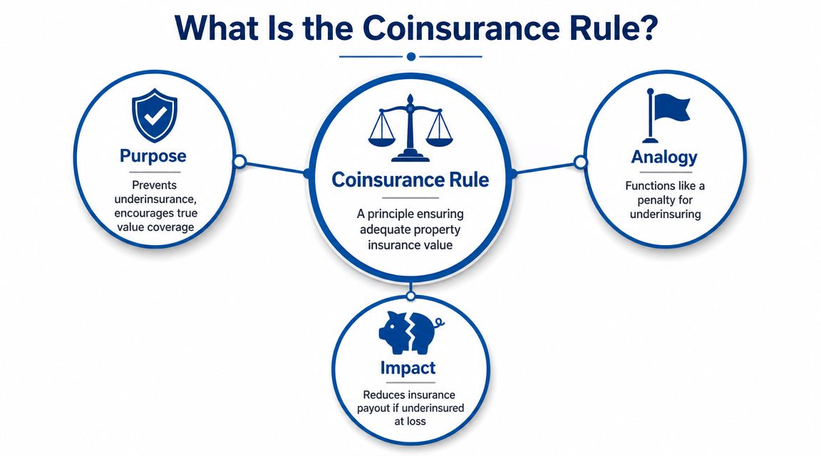 An infographic titled What Is the Coinsurance Rule, showing its purpose, impact, and an analogy for insurance.