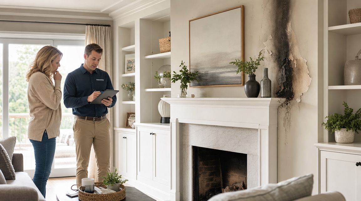 An insurance adjuster assessing fire damage above a fireplace while consulting with a homeowner in their living room.
