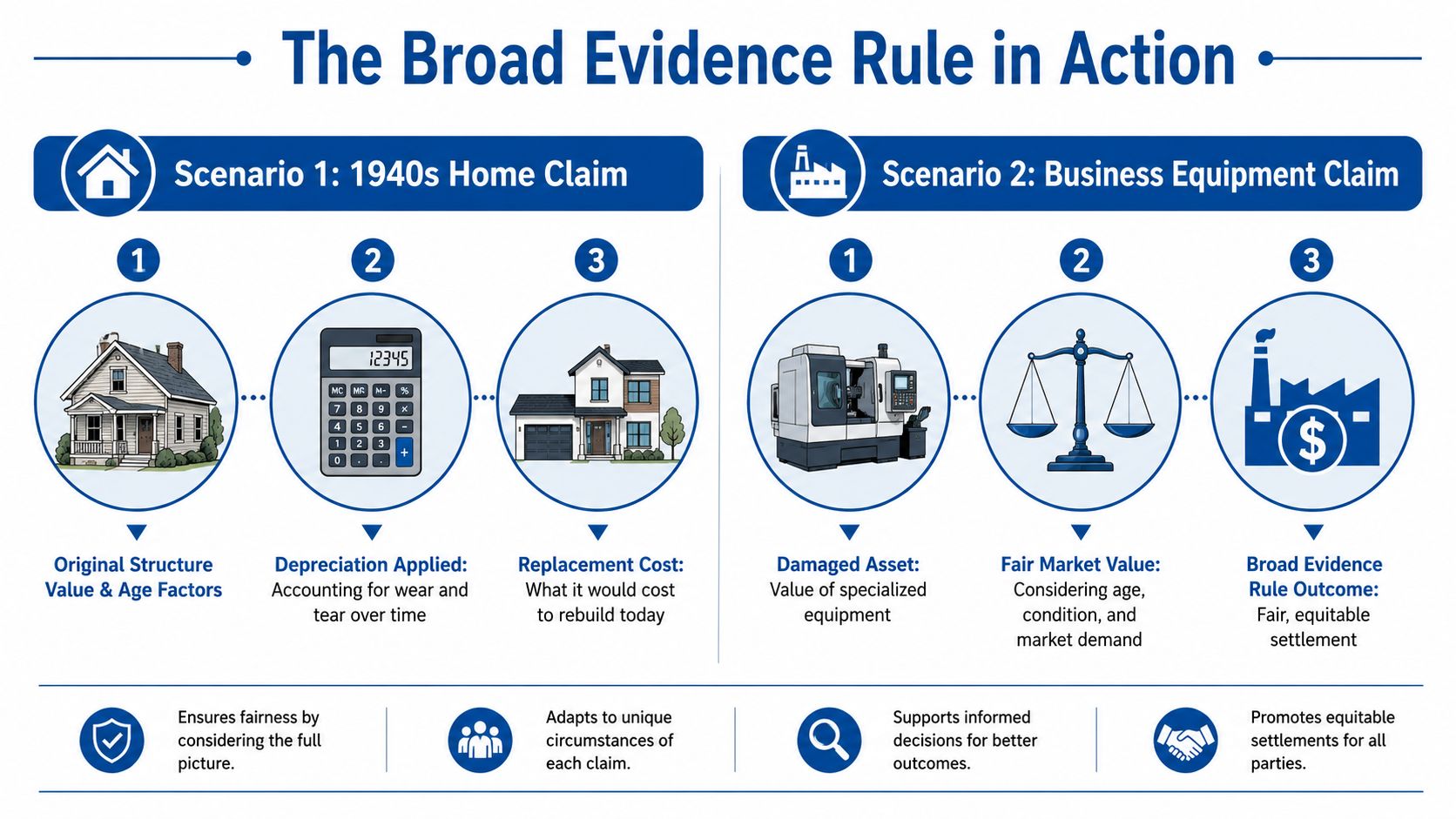 An infographic illustrating how the Broad Evidence Rule works through home and business insurance claim scenarios.