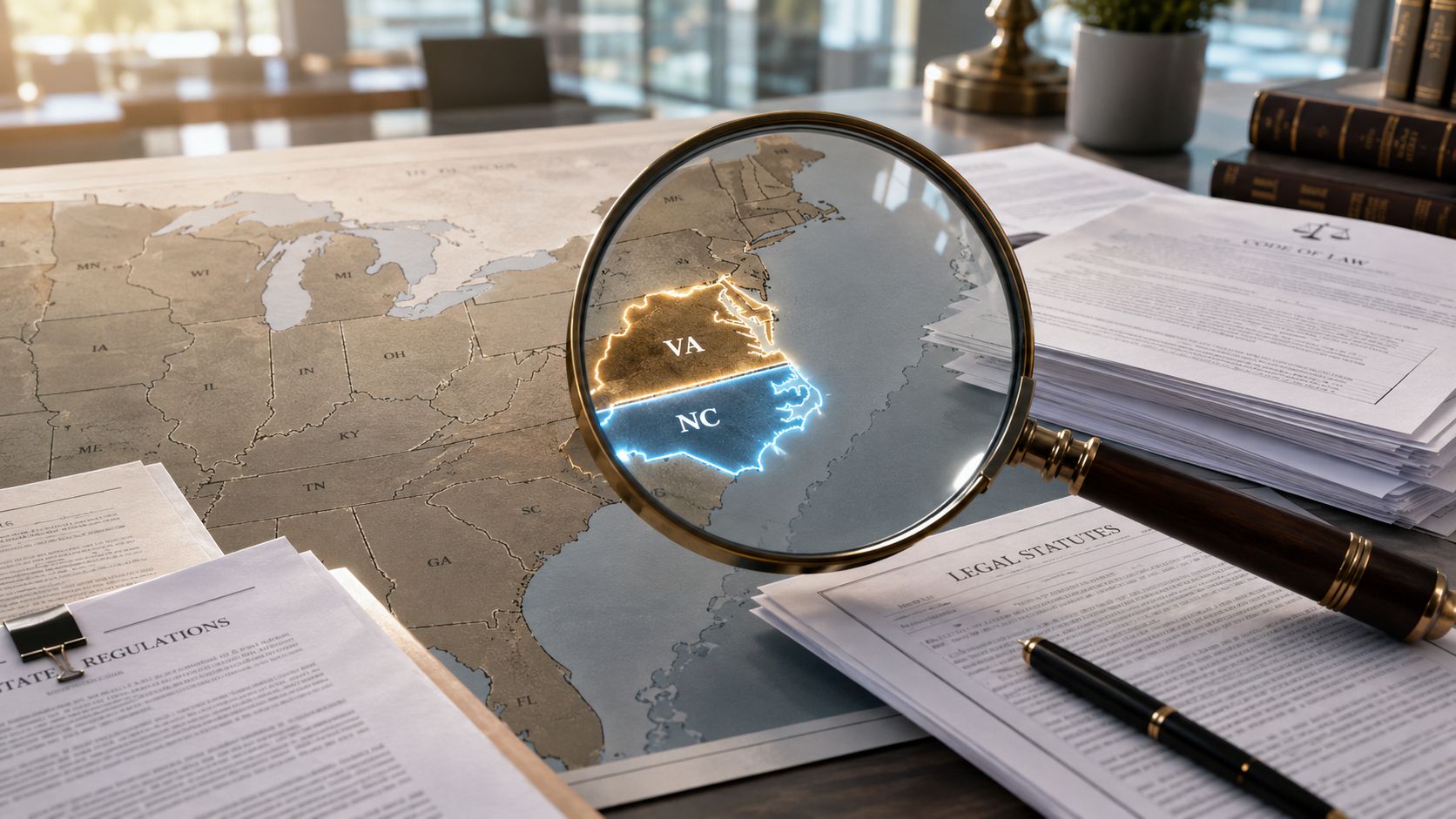 A magnifying glass focusing on Virginia and North Carolina on a vintage map surrounded by legal documents.
