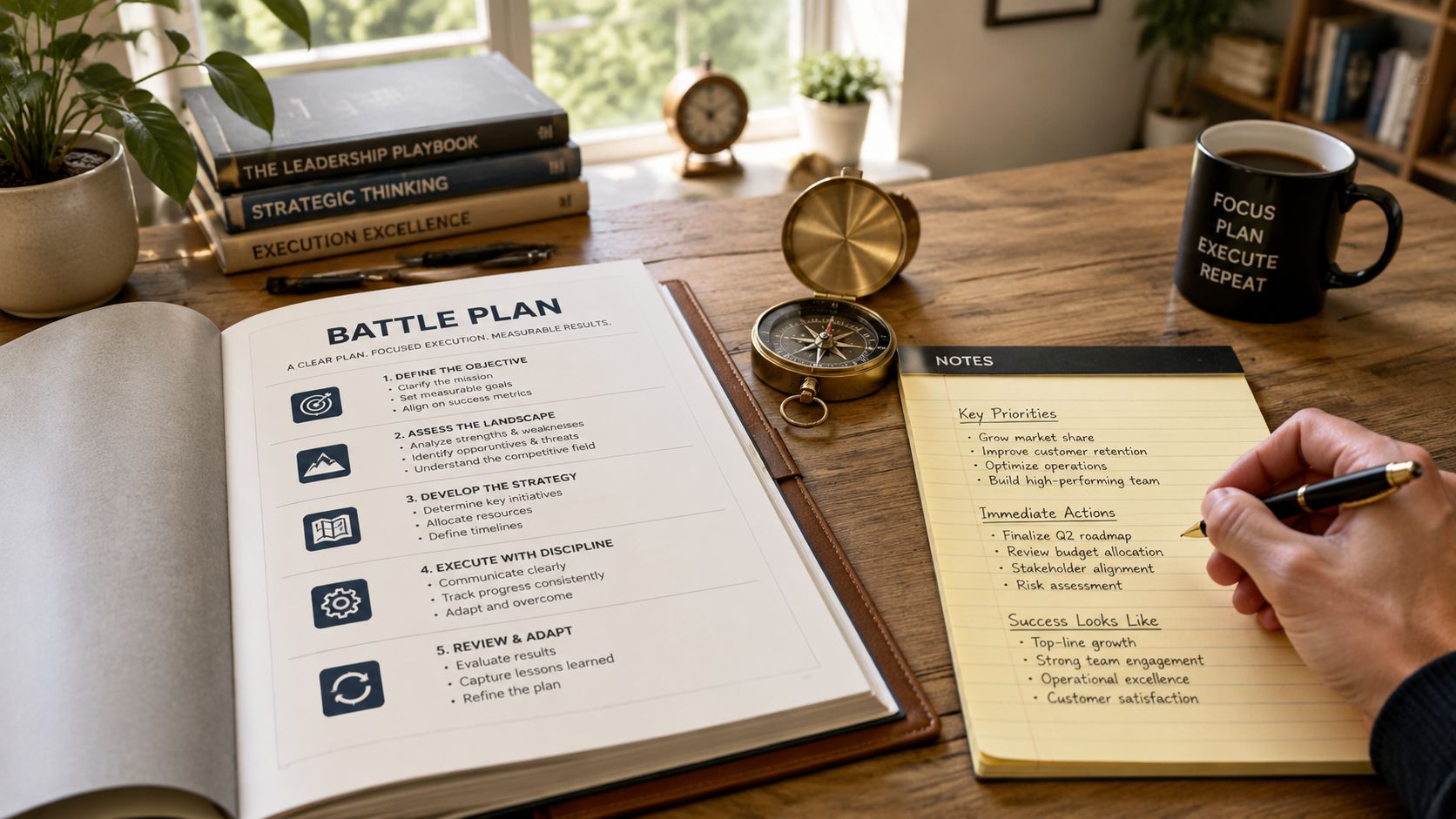 A professional desk featuring a battle plan book, a notepad with handwritten priorities, and a compass.