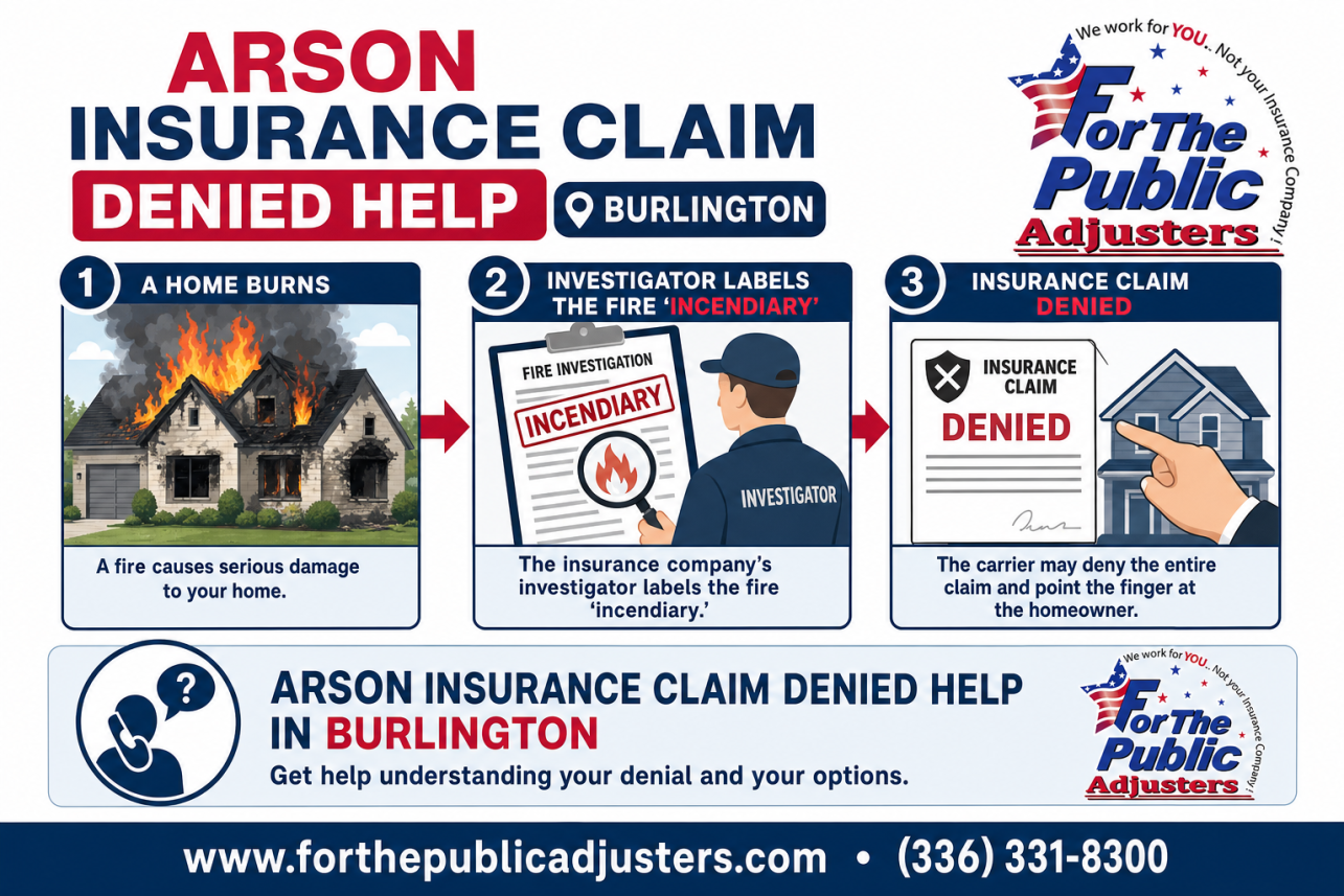 Arson Insurance Claim Denied Help Burlington Infographic — When a home burns and the insurance company's investigator labels the fire 'incendiary,' the carrier may deny the entire claim and point the finger at the homeo.