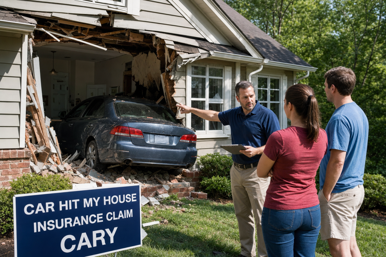 Car Hit My House Insurance Claim Cary — What should I do in the first 48 hours after a vehicle crashes into my home in Cary?.