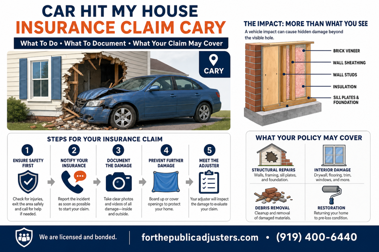 Car Hit My House Insurance Claim Cary Infographic — When a vehicle crashes into a home, the visible hole in the wall is rarely the whole story. Impact forces travel through brick veneer, wall studs, sill plates,.