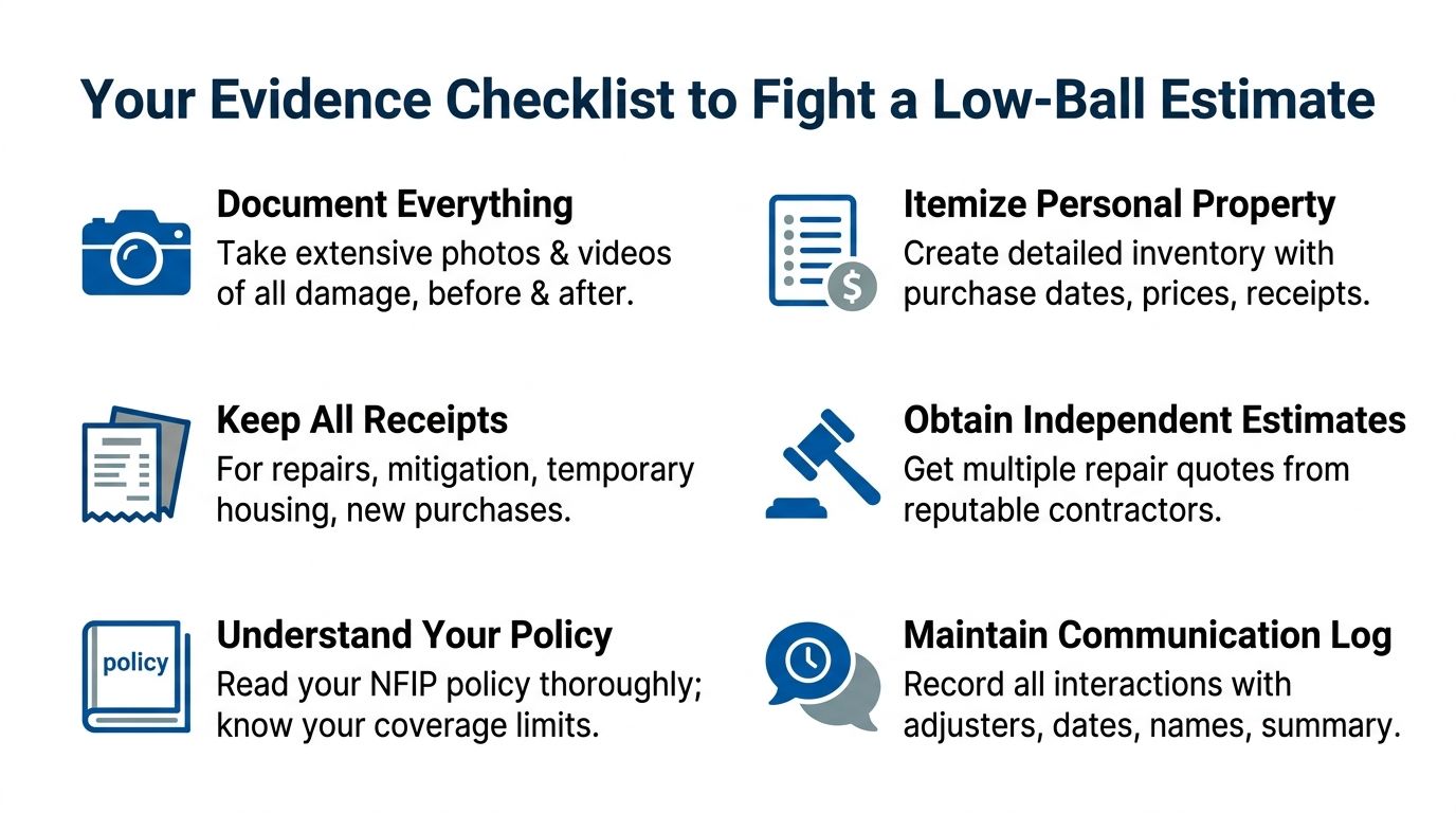 A checklist infographic providing advice on gathering evidence to challenge a low insurance claim estimate.