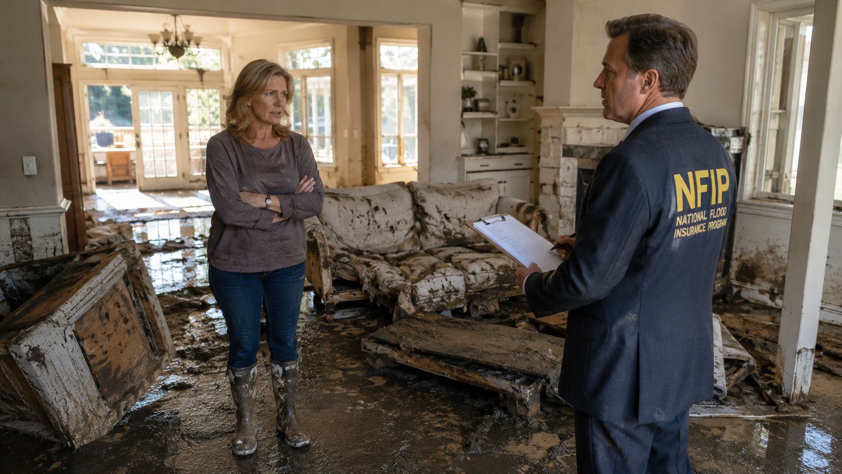 An insurance adjuster assessing flood damage in a mud-covered home with a woman standing nearby.