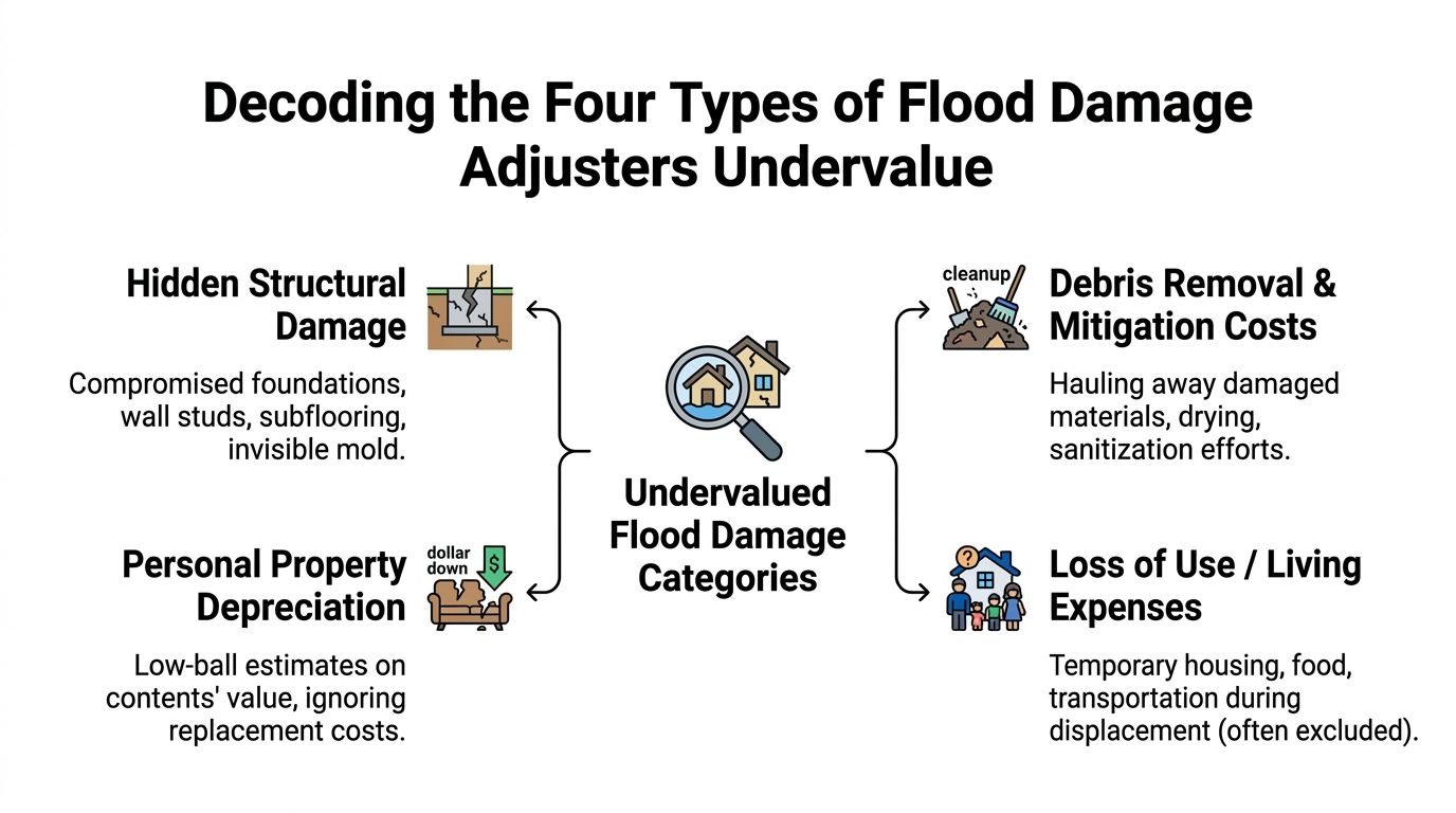 An infographic titled Decoding the Four Types of Flood Damage Adjusters Undervalue, outlining four key categories.