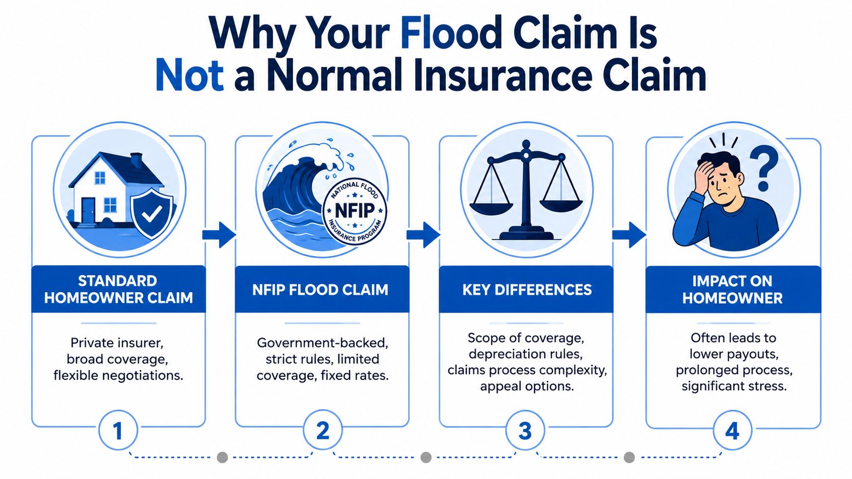 An infographic showing the four key differences between standard homeowner insurance claims and NFIP flood claims.