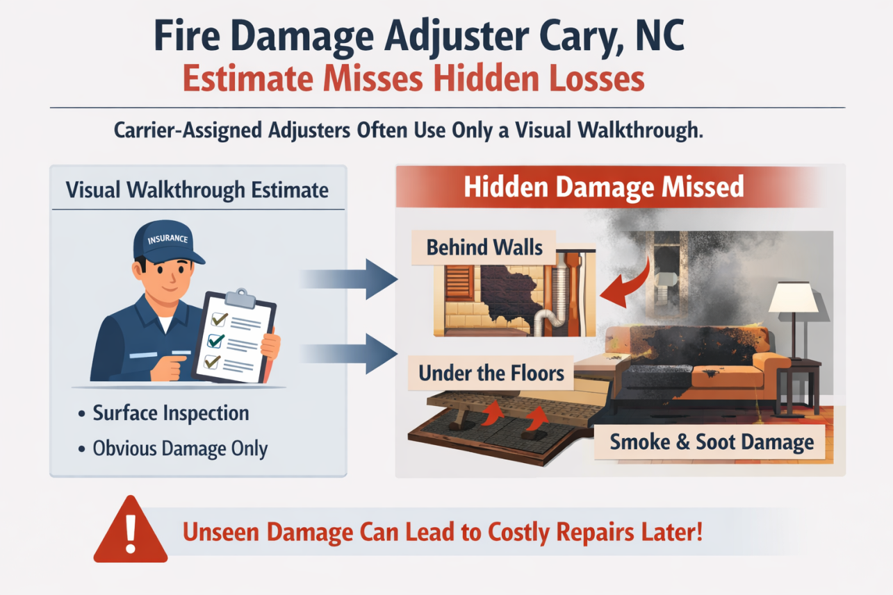Fire Damage Claim Adjuster Cary NC Infographic — The Insurance Company's Fire Damage Adjuster Cary NC Estimate Misses Hidden Losses. Carrier-assigned adjusters often write estimates based on a visual walkthrou.